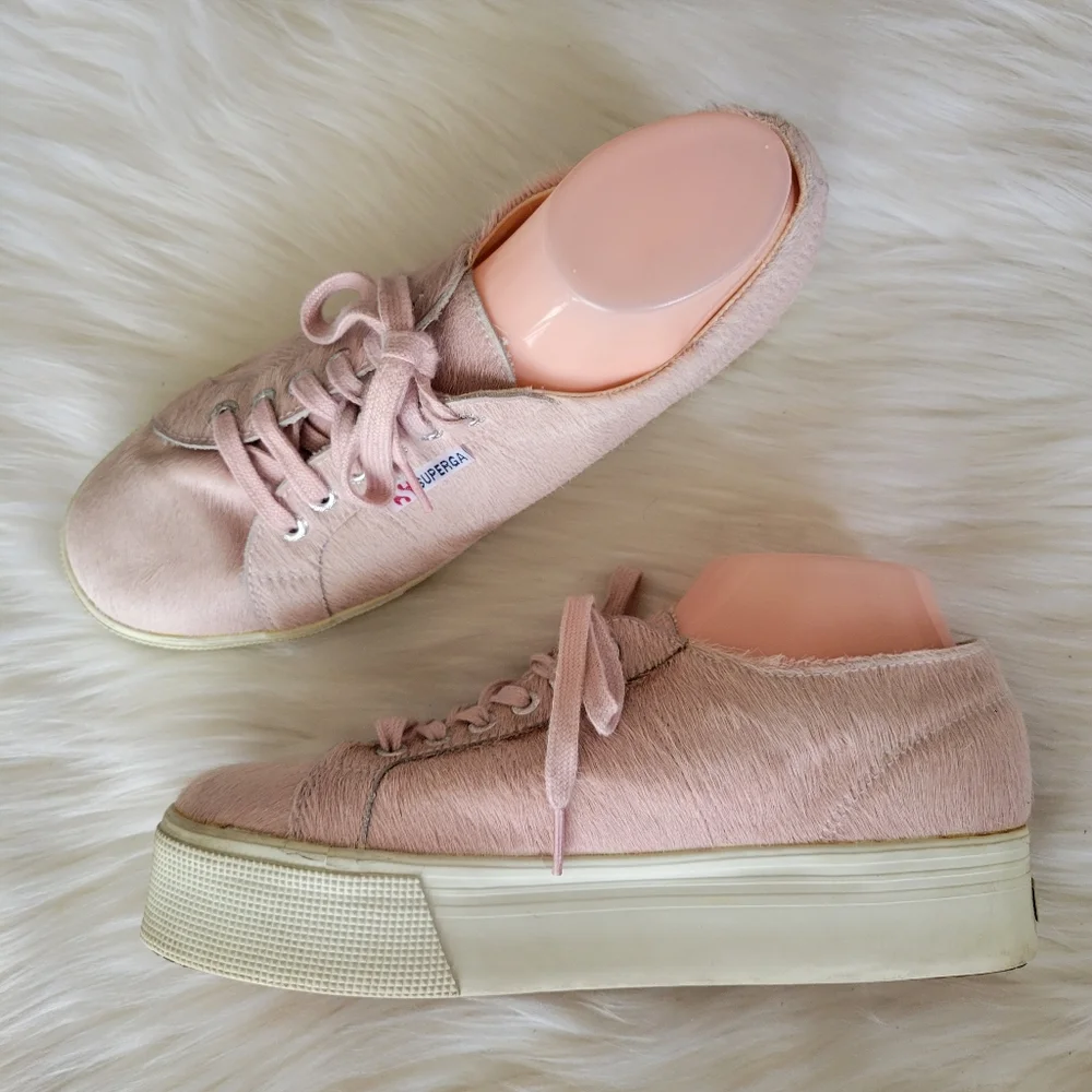 Superga Pink Calf Hair Platform Lace-Up Sneakers Sz W10/M8.5 EUC S009KN0 UNISEX - Picture 3 of 10
